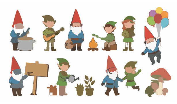 Hand drawn cartoon gnome and elf vector collection with funny whimsical fantasy characters