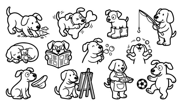 Cute cartoon dog outline coloring page collection with funny hand drawn pet characters