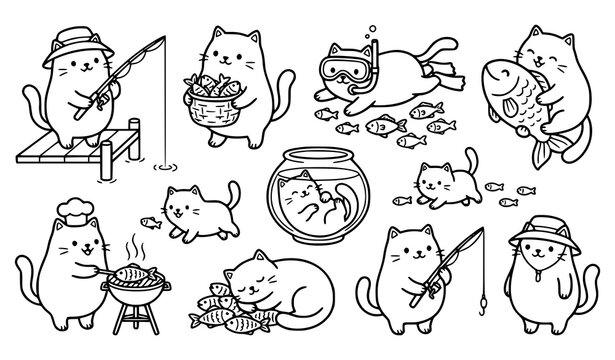 Cute cat coloring book vector pages with playful fish activities and cartoon outline characters