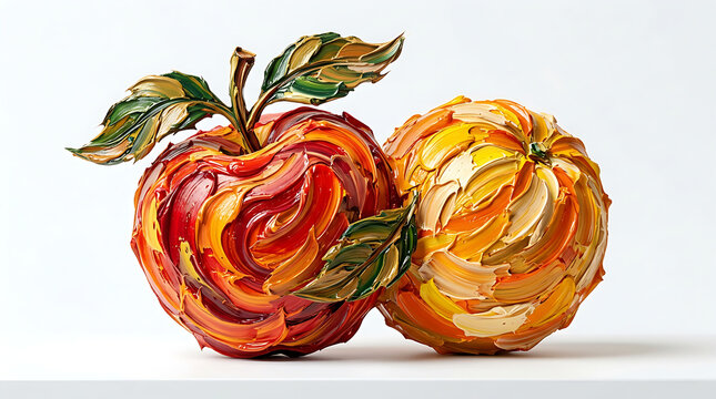 An artistic representation of two stylized apples, showcasing vibrant, textured brushstrokes in warm autumnal colors against a clean white background