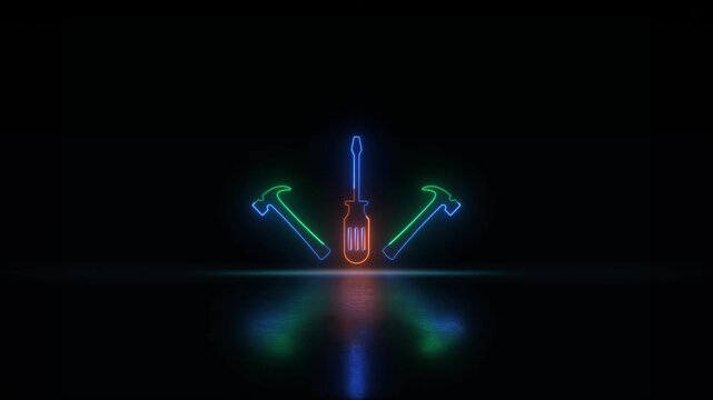  Neon glowing hammer and screwdriver tools icon video animation on black background. Neon glowing Maintenance tool. tools, repair, maintenance, and construction symbol motion animation.