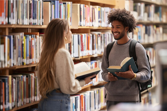 a male and female student standing in front of bookshelves, holding books while talking to each other and smiling, in a library
