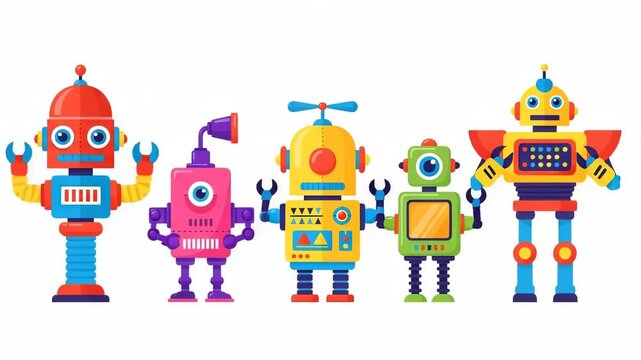 Group of colorful cartoon robots isolated on white background