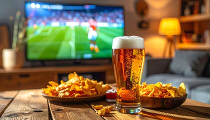 Obraz premium Vaso de cerveza y aperitivos frente a un televisor con partido de fútbol en casa