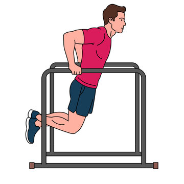 Man Doing Tricep Dips on Parallel Bars Exercise, Illustration of Male Lowering and Lifting Body Weight in Upper Body Strength Training Workout