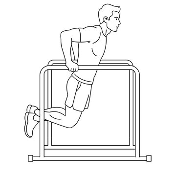 Man Doing Tricep Dips on Parallel Bars Exercise, Illustration of Male Lowering and Lifting Body Weight in Upper Body Strength Training Workout