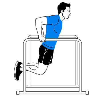 Man Doing Tricep Dips on Parallel Bars Exercise, Illustration of Male Lowering and Lifting Body Weight in Upper Body Strength Training Workout