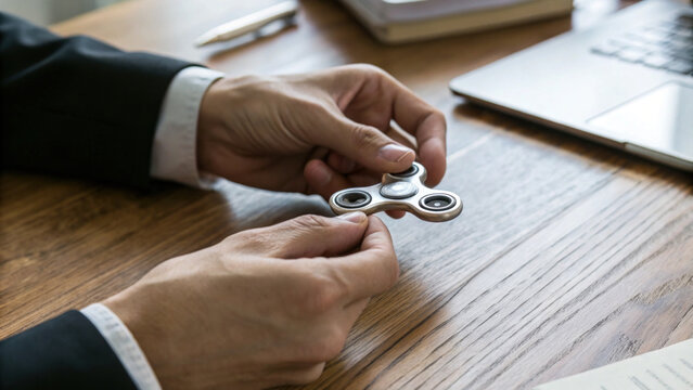 Businessperson hand desk wooden fidget spinner office businessperson hand holding fidget spinner wooden desk office workspace with laptop