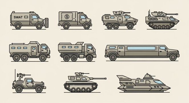 Collection of pixel art vehicles including tanks and trucks.