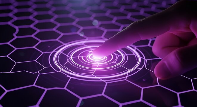 Futuristic Hexagonal Grid with Glowing Purple Circle and Finger Touching Screen, High-Tech Interface Interaction, Digital Technology Concept Photography
