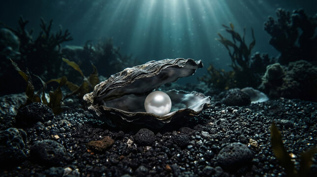 Luminous white pearl in open oyster shell on dark seabed, sunbeams underwater creating a mystical glow.
