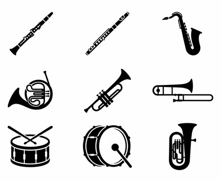 A collection of black silhouette icons depicting various musical instruments including woodwinds, brass, and percussion.