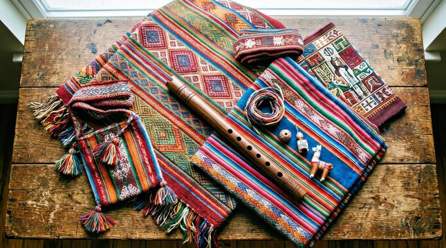 Colorful Andean Textiles and Pan Flute on Wooden Table Cultural Heritage and Artisan Craftsmanship for Travel Marketing