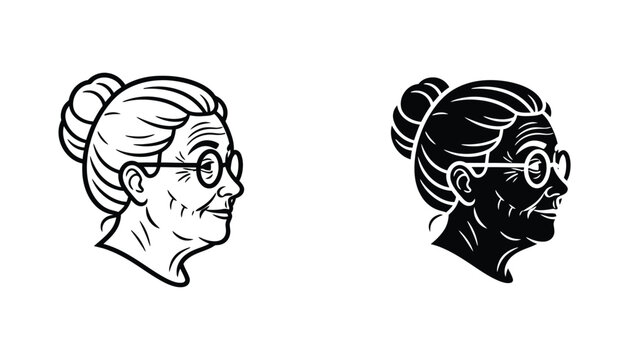 Portrait profile of elderly woman with glasses and bun hairstyle in classic black and white vector illustration