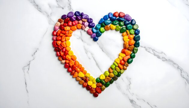 Coraz&oacute;n formado con caramelos de colores sobre fondo de m&aacute;rmol blanco como s&iacute;mbolo de amor y diversidad