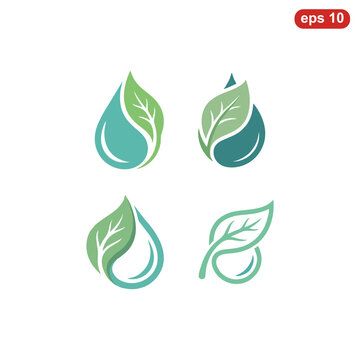 Set of four stylized water drop and leaf logo icons.