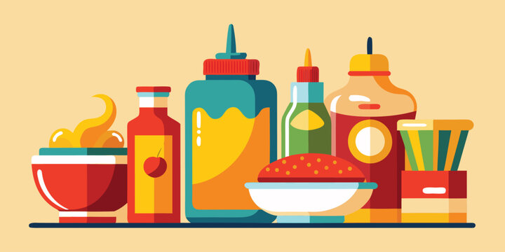 Assorted condiment bottles and dipping sauce bowls.