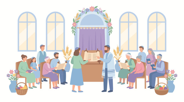 Jewish family celebrates a special religious ceremony with a Torah reading in a synagogue setting, adorned with flowers and wheat