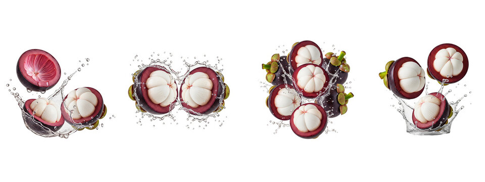 Fresh mangosteen fruits with water splashes isolated on black background
