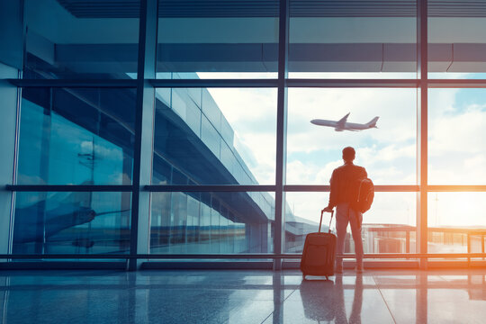 a traveler with luggage stands in front of the window at an airport, looking out into the sky where there is a plane flying by, the traveler has missed their flight due to an early departure