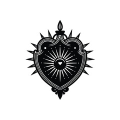 Fototapeta premium Vintage engraving style illustration of a decorative shield emblem with a central heart, radiating rays and sharp spikes, symbolizing protection and strength.