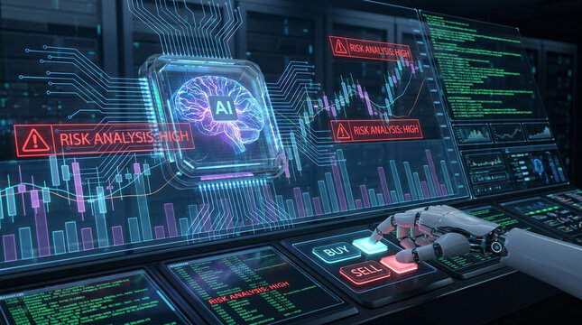 Artificial intelligence brain interface with data analysis and robotic hand on control panel
