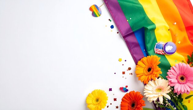 Bandera arco&iacute;ris con flores de colores y confeti sobre fondo blanco en composici&oacute;n festiva de orgullo y diversidad