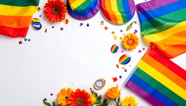 Marco decorativo con banderas arco&iacute;ris, flores y espacio blanco central para celebraci&oacute;n de diversidad e inclusi&oacute;n