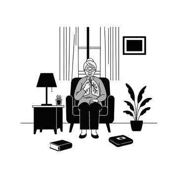 Minimalist monochrome vector illustration of an elderly woman sitting in an armchair at home using a respiratory spirometer device for lung exercises and pulmonary health management.
