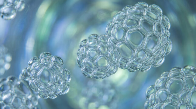 Abstract macro of iridescent clear liquid bubbles floating in blue water