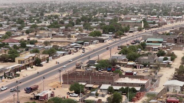 Drone view of N Djamena residential cityscape and rooftops, April 25, 2026, Chad, N Djamena