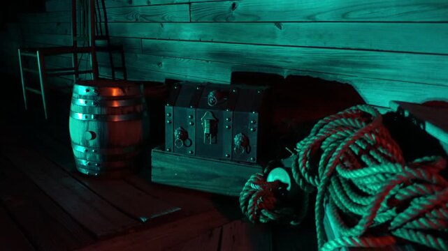 Vintage nautical equipment, treasure chest and keg on dock at night.