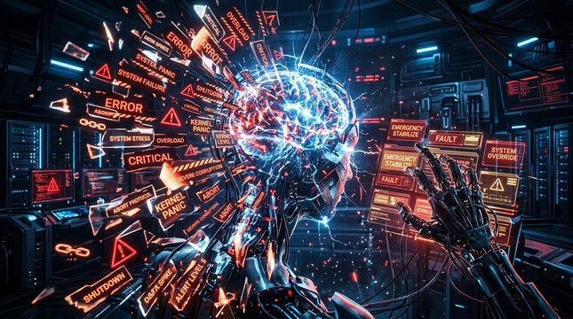 Digital brain overload with error messages and system failure warnings in a futuristic setting