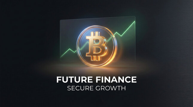 Bitcoin cryptocurrency with rising graph and metallic background representing future finance and secure growth