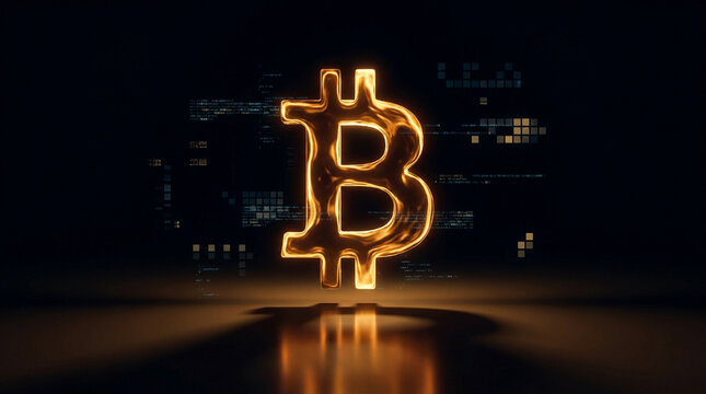 Glowing bitcoin symbol with digital binary code background and reflective surface