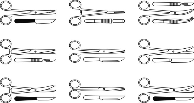 Surgical Scissors and Scalpel Medical Instrument Vector Collection Featuring Healthcare Surgery Tools and Clinical Equipment Illustrations
