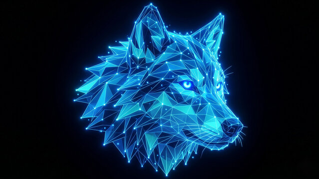 Magnificent wolf head portrait rendered in glowing electric blue cyan geometric neon wireframe polygon facets with fierce glowing sphere eyes on pure black background