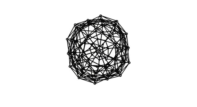 Abstract black geometric sphere with a complex wireframe mesh of interconnected nodes and lines isolated on a white background, representing a digital data structure or plexus pattern.