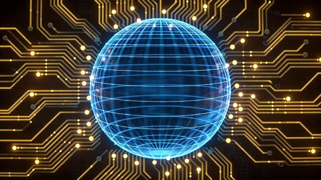 Blue glowing spherical grid structure surrounded by circuit board patterns with yellow lights