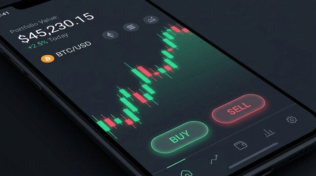 Cryptocurrency trading app interface displaying bitcoin chart and buy sell buttons on smartphone