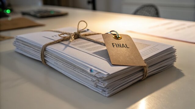Stacked Documents with Final Tag on a Table in Bright Office Setting