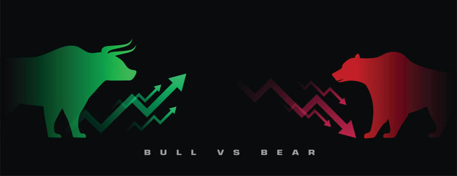 Bull versus bear stock market financial concept with rising green arrows and falling red arrows on black background vector