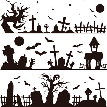 Collection of halloween silhouette borders with scary pumpkins graveyard elements and haunted houses for greeting card frame vector