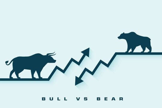 Conceptual financial banner showing bull vs bear market trends with rising and falling graph arrows for trading analysis vector