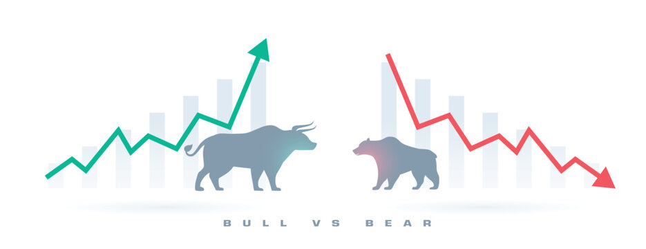 Green bull and red bear silhouettes representing stock market competition and financial trading fluctuations on dark banner background vector