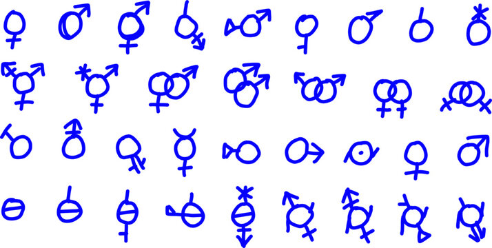 Collection of blue gender symbols and identity icons in hand drawn doodle style, representing diversity, equality and inclusivity concepts.