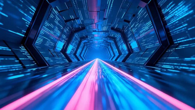 Futuristic hexagonal tunnel with neon blue and pink floor lines