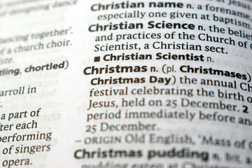 Fototapeta premium English Dictionary Page Close Up With The Word Transcription Of -christmas