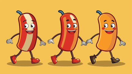 Fototapeta premium Three smiling cartoon sausage characters walking on a light brown background.