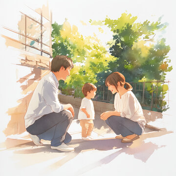 Gentle watercolor of a nursery teacher talking to a japanese parent at pickup time, both smiling